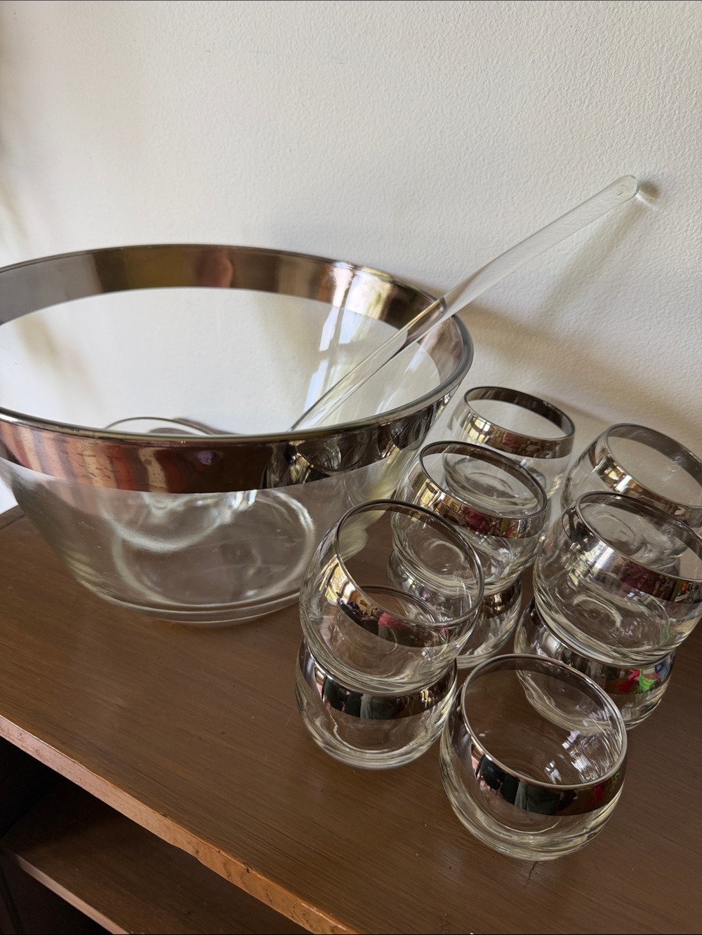 Vintage Dorothy Thorpe Glass Punch Bowl Set with Silver Rim and Ladle-11 glasses